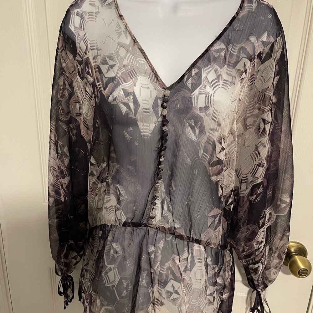New York & Company Sheer Gray, Purple Patterned Blouse